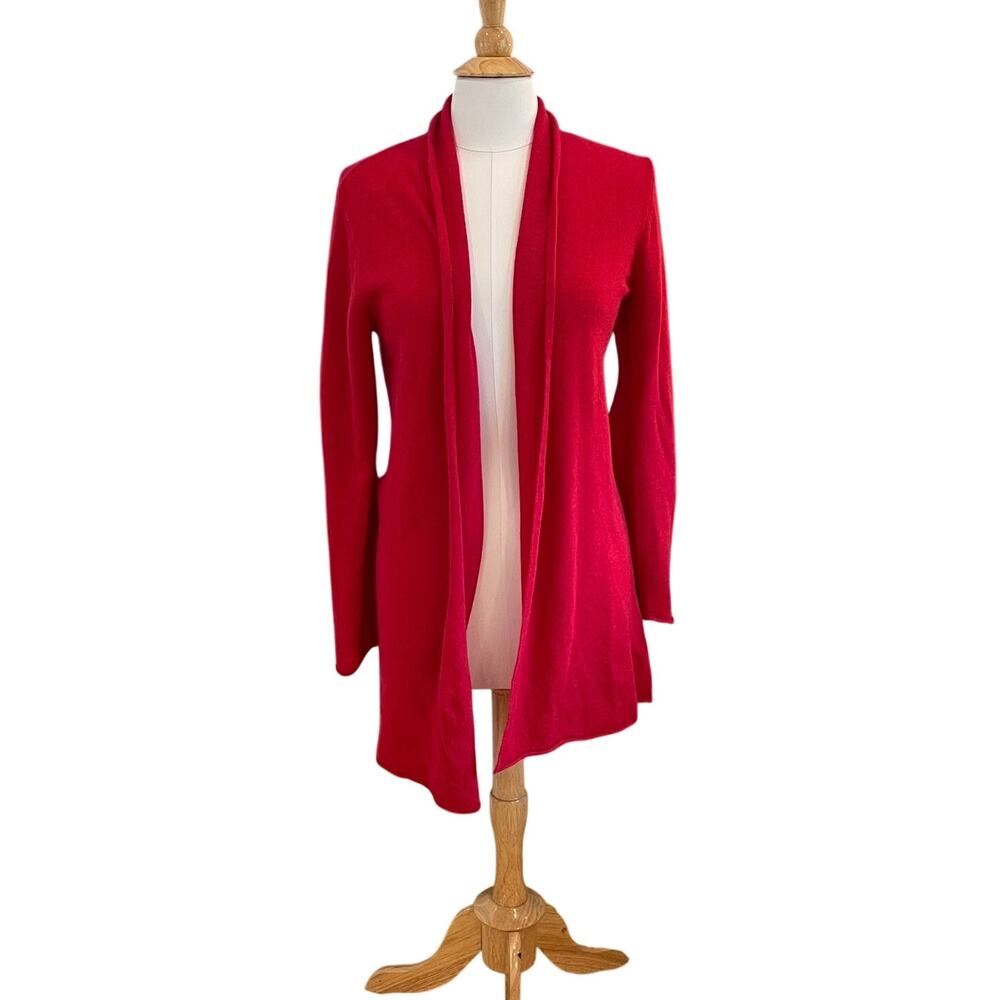 Beryll Red Cashmere Long Open Front Cardigan Sweater / Duster, Minimalist, M